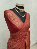 Soft katan with leaf like round shaped patterns all over the main body and boarders with flower motifs - Image 3