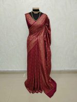 Soft katan with  specially shaped leaf and branches all over the saree and with simple floral boarder - Image 4