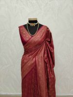 Soft katan with  specially shaped leaf and branches all over the saree and with simple floral boarder - Image 2