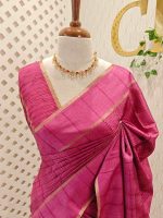 Soft silk saree with dotted lines on the body and with simple plain boarder - Image 5