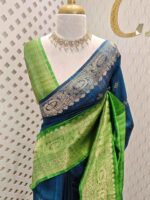 Tussar banarasi double shade with double boarder -sea green + sea blue - Image 7
