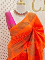 Tussar banarasi with dotted round buttas,big round brocade design and contrast blouse - Image 4