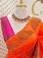 Tussar banarasi with dotted round buttas,big round brocade design and contrast blouse - Image 5