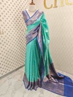 Tussar banarasi with flower buttas and contrast blouse and border - Image 3