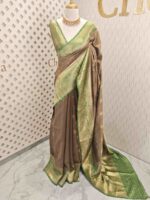 Tussar banarasi with flower buttas and contrast blouse and border - Image 6