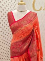 Tussar banarasi with flower buttas and contrast blouse and border - Image 7