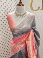 Tussar banarasi with double shade and flower plant like border design - Image 10