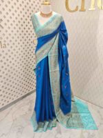 Tussar banarasi with floral, leafy jaal design and contrast border - Image 6