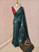 Tussar banarasi with round like flower motifs on the body and with contrast blouse - Image 9