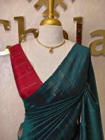Tussar banarasi with round like flower motifs on the body and with contrast blouse - Image 7