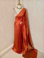 Tussar banarasi with round like flower motifs on the body and with contrast blouse - Image 6