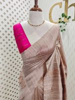 Tussar banarasi with round like flower motifs on the body and with contrast blouse - Image 10
