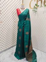 Tussar banarasi with round like flower motifs on the body and with contrast blouse - Image 13