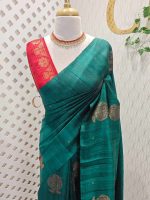 Tussar banarasi with round like flower motifs on the body and with contrast blouse - Image 15