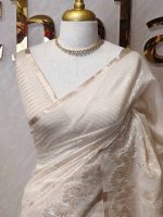 Tissue saree with delicate embroidery work with a wine pattern along with scalloped boarder - Image 2