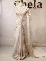 Tissue saree with delicate embroidery work with a wine pattern along with scalloped boarder - Image 3