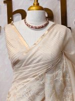 Tissue saree with simple vertical leafs and flower works on the boarder - Image 2
