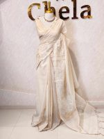 Tissue saree with simple vertical leafs and flower works on the boarder - Image 3