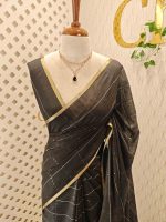 Tisse saree with stripes on the body along with sequins work - Image 10