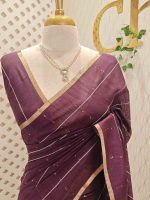 Tisse saree with stripes on the body along with sequins work - Image 23