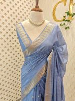 Tissue saree with small square motifs on the body and with simple side boarder - Image 28