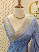 Tissue saree with small square motifs on the body and with simple side boarder - Image 29