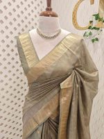 Tissue saree with small square motifs on the body and with simple side boarder - Image 25