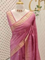 Tissue saree with small square motifs on the body and with simple side boarder - Image 22