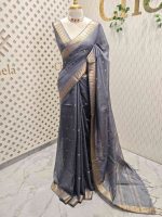 Tissue saree with small square motifs on the body and with simple side boarder - Image 21