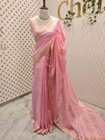 Tissue saree with small square motifs on the body and with simple side boarder - Image 18