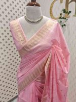 Tissue saree with small square motifs on the body and with simple side boarder - Image 16