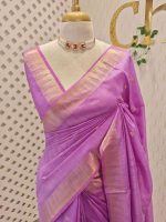 Tissue saree with small square motifs on the body and with simple side boarder - Image 10