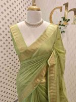 Tissue saree with small square motifs on the body and with simple side boarder - Image 7