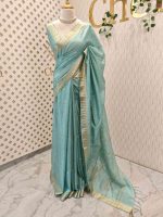 Tissue saree with small square motifs on the body and with simple side boarder - Image 3