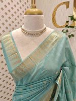 Tissue saree with small square motifs on the body and with simple side boarder - Image 2