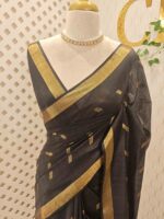 Tissue saree with golden woven motifs scattered on the body and with simple side boarder - Image 4