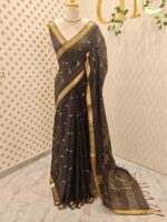 Tissue saree with golden woven motifs scattered on the body and with simple side boarder - Image 6