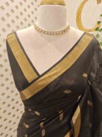 Tissue saree with golden woven motifs scattered on the body and with simple side boarder - Image 5