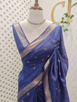 Tissue saree with golden woven motifs scattered on the body and with simple side boarder - Image 7