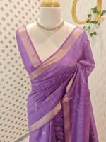 Tissue saree with golden woven motifs scattered on the body and with simple side boarder - Image 10