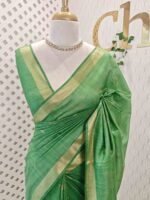 Tissue saree with golden woven motifs scattered on the body and with simple side boarder - Image 13