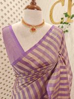 Tissue saree with stripes on the body and with suttle pallu - Image 11