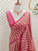 Tissue saree with stripes on the body and with suttle pallu - Image 13
