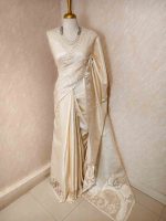 Tussar silk  with  subtle thread work on the boarder along with cutwork scalloped side boarder - Image 3