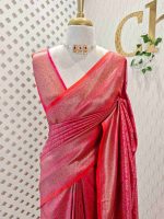 Banarasi saree with round and box like pattern all over the body and with suttle double border - Image 4