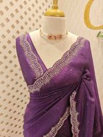 Crushed silk with scalloped cut-work border embellished with intricate silver stone work or sequins. - Image 2