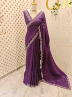 Crushed silk with scalloped cut-work border embellished with intricate silver stone work or sequins. - Image 3