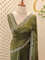 Crushed silk with scalloped cut-work border embellished with intricate silver stone work or sequins. - Image 4