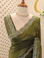 Crushed silk with scalloped cut-work border embellished with intricate silver stone work or sequins. - Image 5
