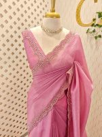 Crushed silk with scalloped cut-work border embellished with intricate silver stone work or sequins. - Image 7